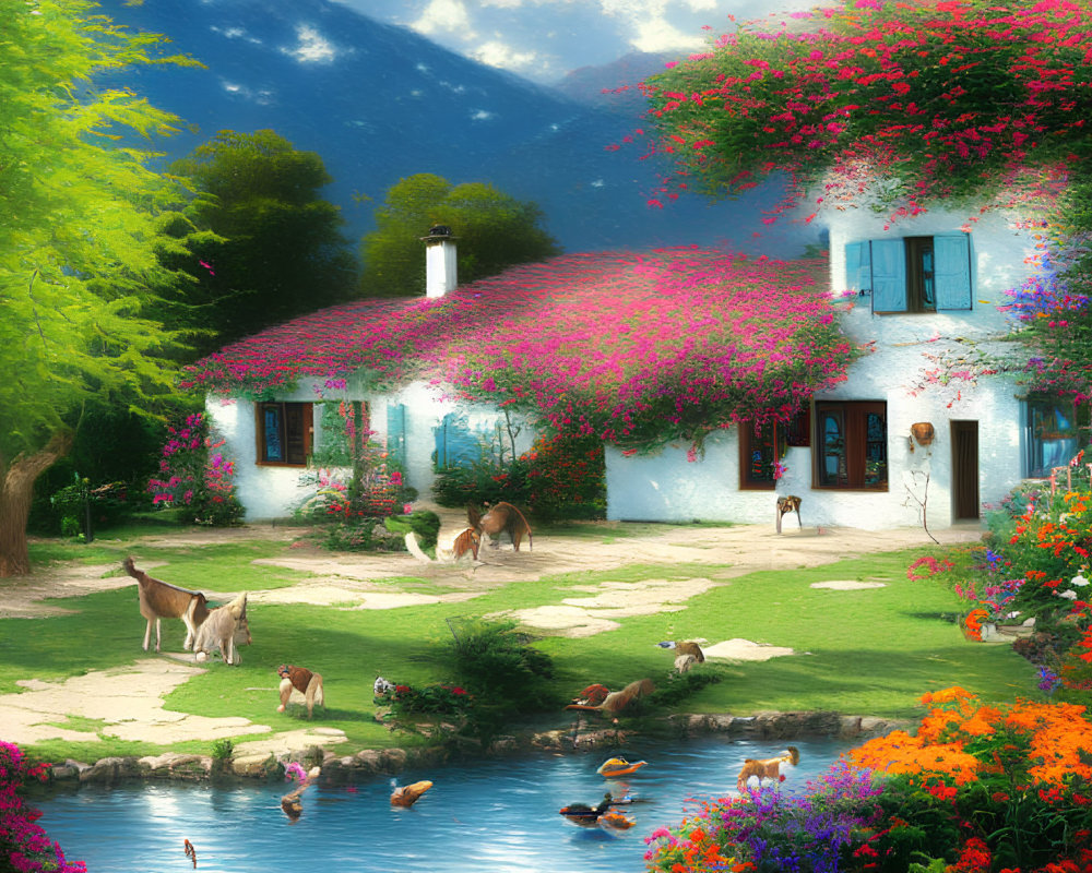 Scenic cottage with gardens, pond, ducks, and mountains