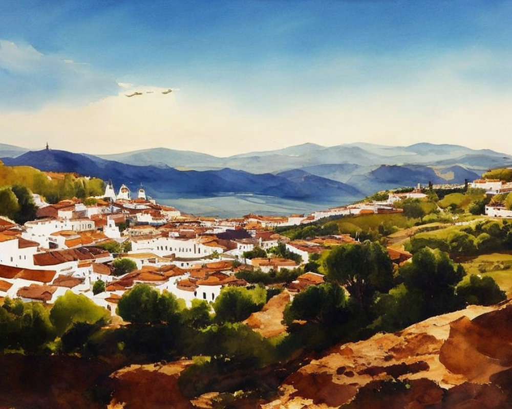 Scenic watercolor: Mediterranean village, white buildings, red roofs, blue bay, mountains.