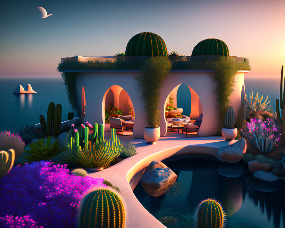 Seaside terrace with arches, cacti, succulents, and dining area at sunset