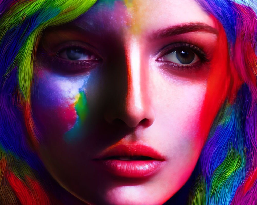 Colorful portrait of a woman with paint-covered hair and face