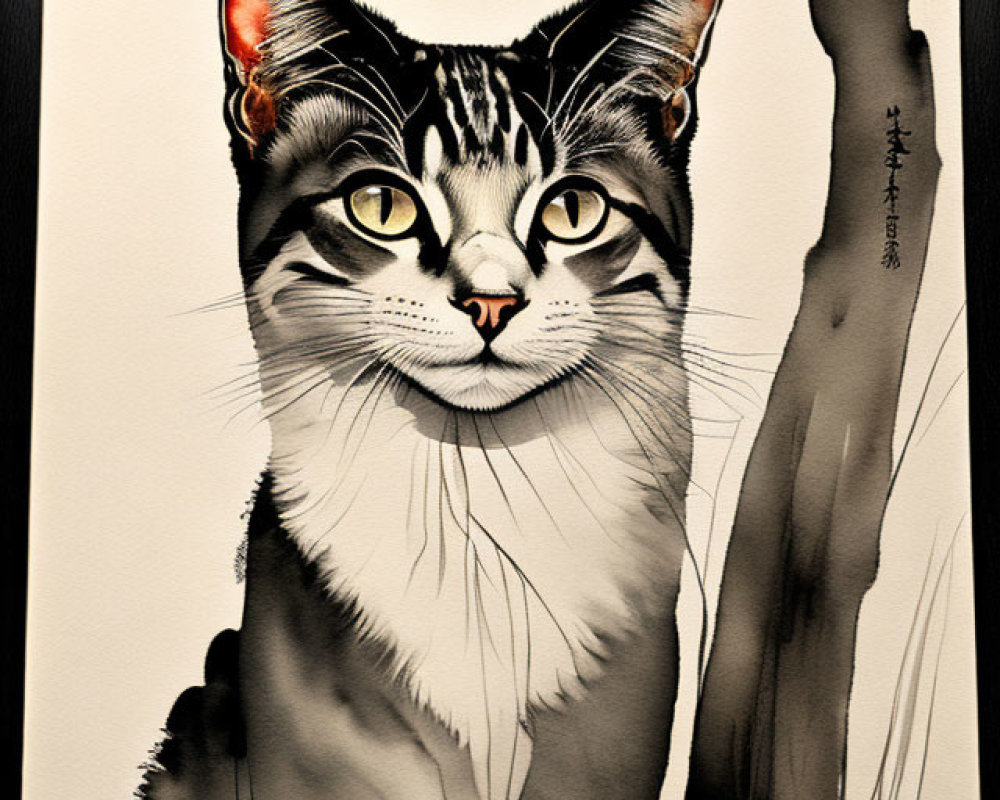 Illustrated poster: Traditional East Asian ink wash painting style with cat portrait, bamboo, and seal stamps