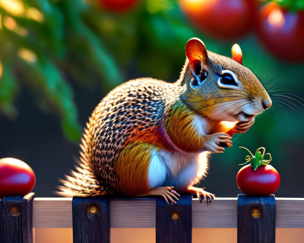 Colorful Chipmunk on Wooden Fence with Tomatoes in Background