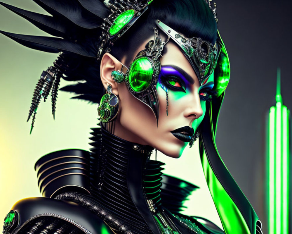 Futuristic woman with black headdress and green jewels in neon-lit setting