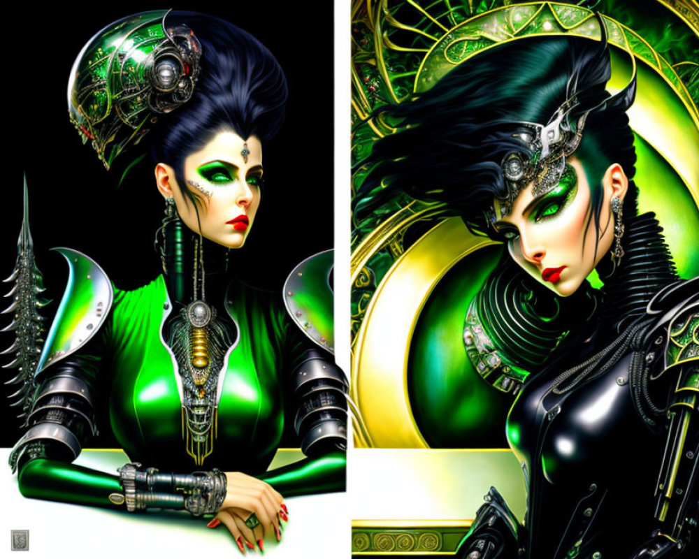 Stylized futuristic portraits of woman in green and black armor