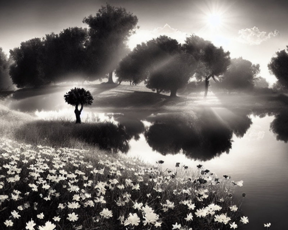 Tranquil black and white landscape with trees, pond reflection, sunlight, mist, and blooming