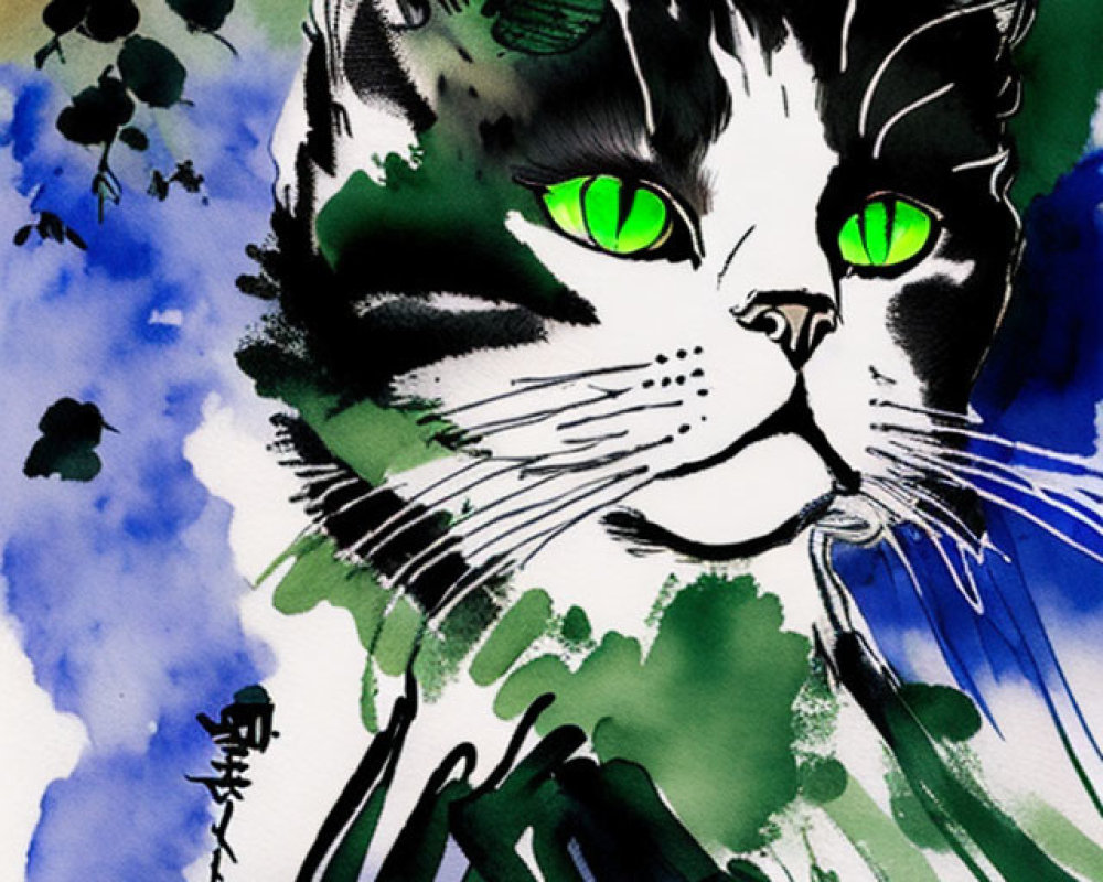 Vibrant cat artwork with green eyes, black ink, blue-green watercolor, and Asian seal