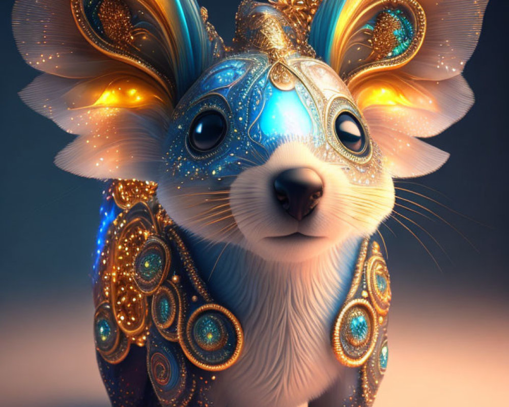 Fantastical creature with luminous butterfly-like ears and golden fur patterns