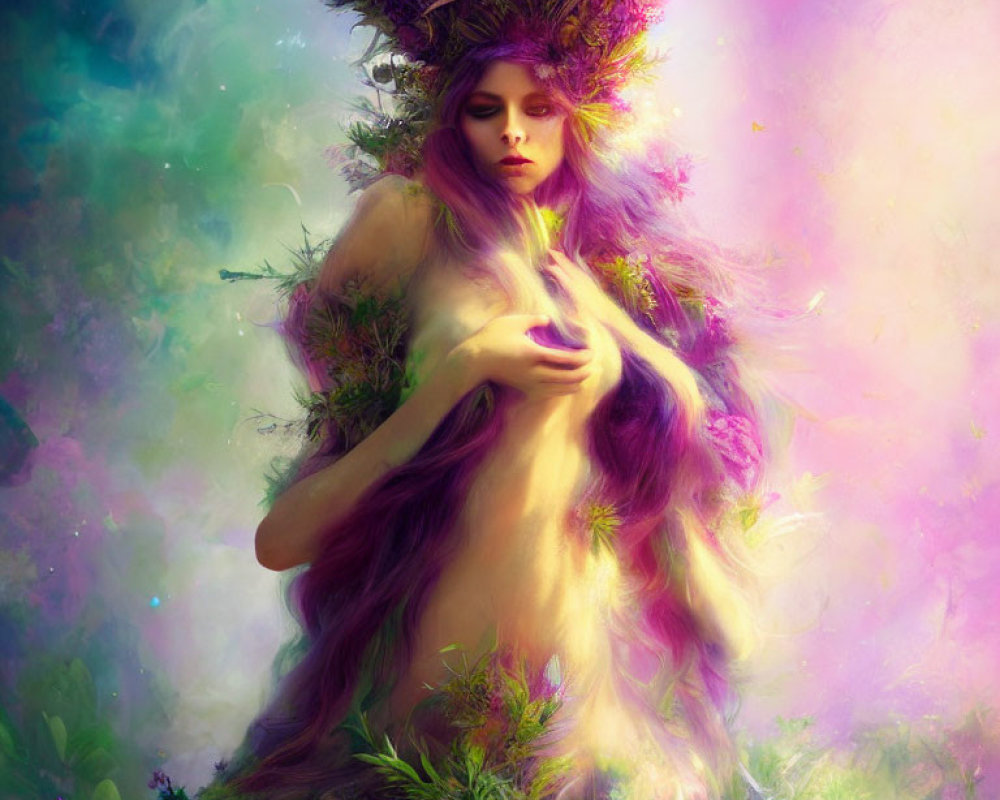 Mystical figure with long hair and plants in vibrant, colorful setting