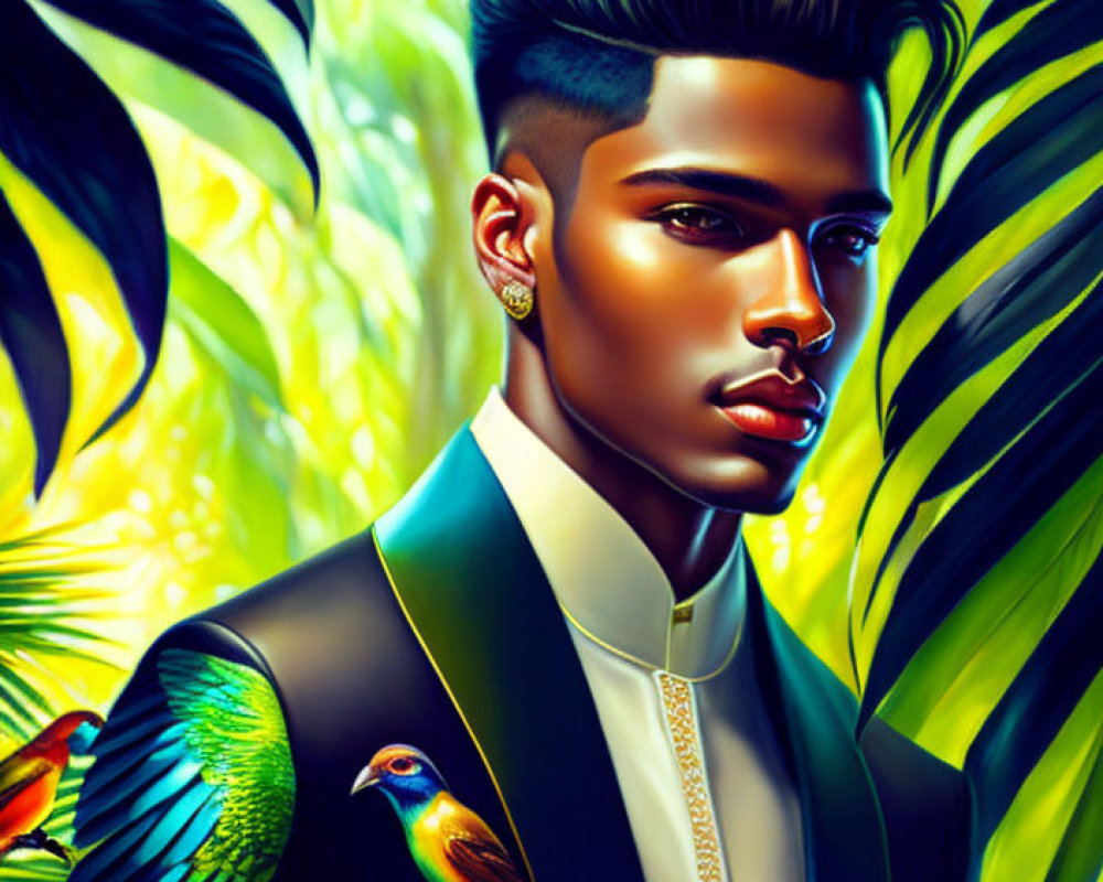 Stylized man in suit with sleek hairstyle in tropical setting