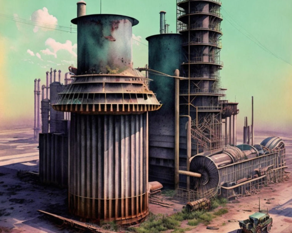 Abandoned industrial site with rusty towers, pipes, and old vehicles under hazy sky.