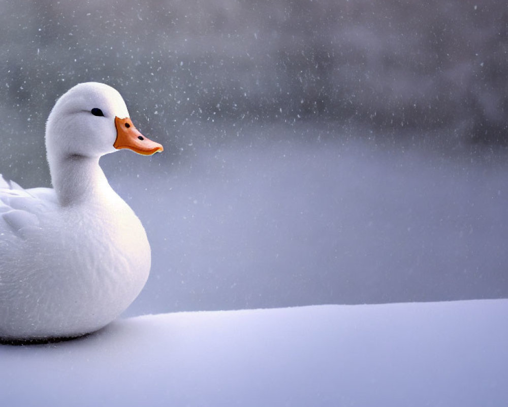 White Duck Resting on Snowy Surface with Falling Snowflakes