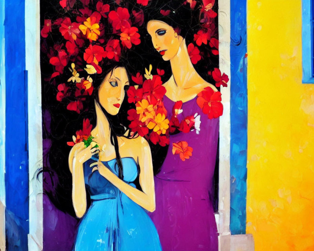 Two Women in Vibrant Dresses with Red Flowers Near Blue Doorway