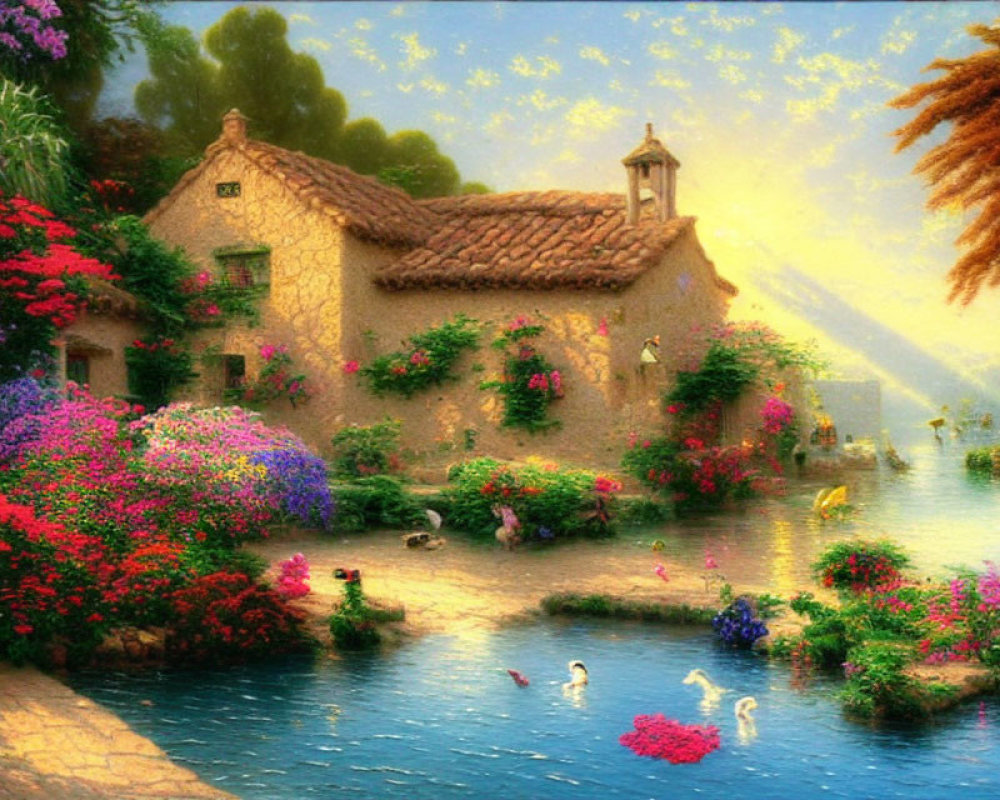 Tranquil lake cottage with vibrant gardens and swans at sunset