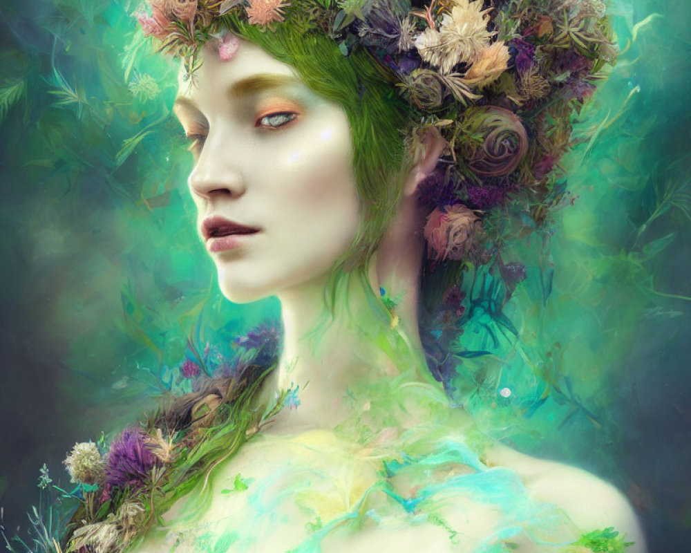 Person with Green Skin Wearing Floral Crown in Mystical Portrait