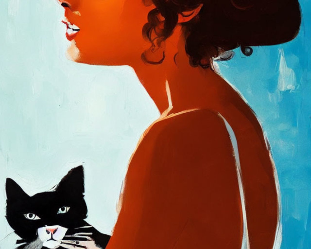 Profile view illustration: Woman with brown hair holding black cat on blue background