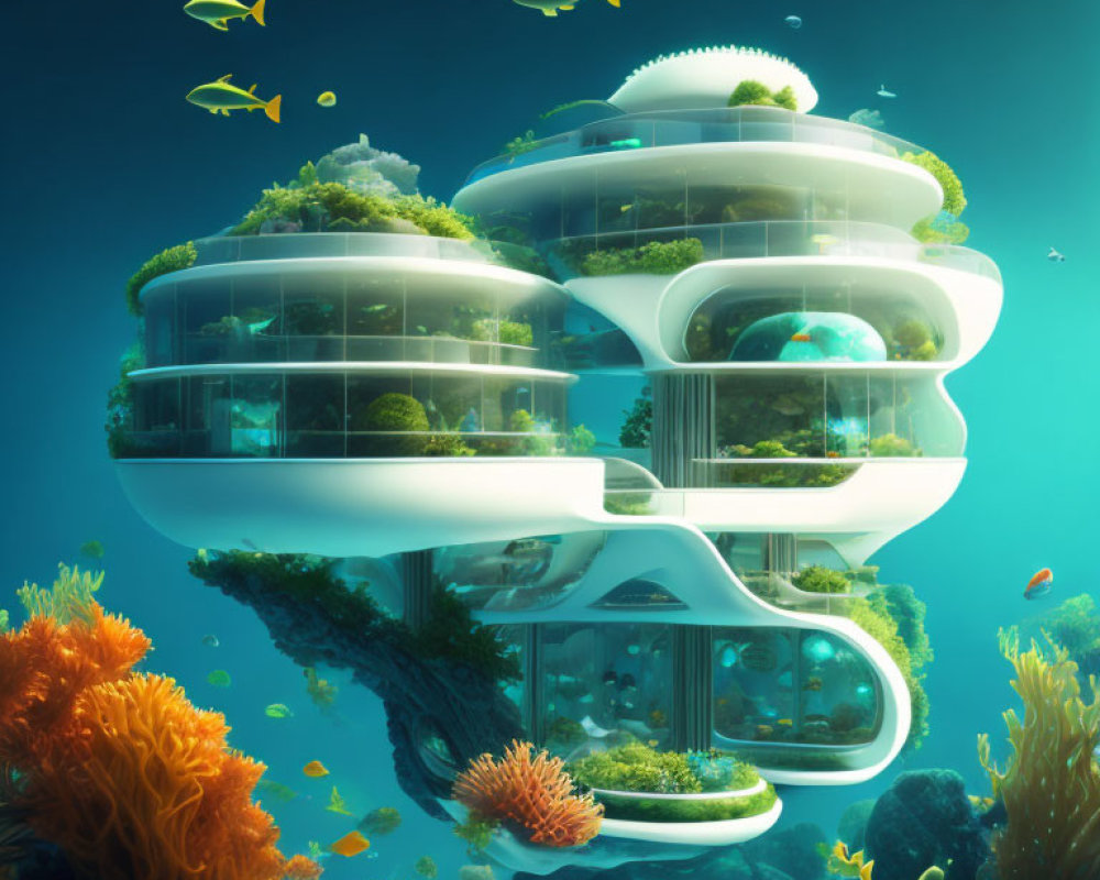 Futuristic underwater building surrounded by coral and fish