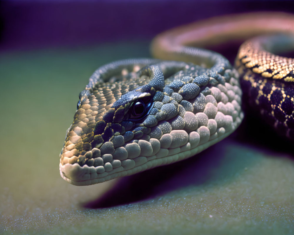 Detailed close-up of colorful snake scales and glossy eye on soft background