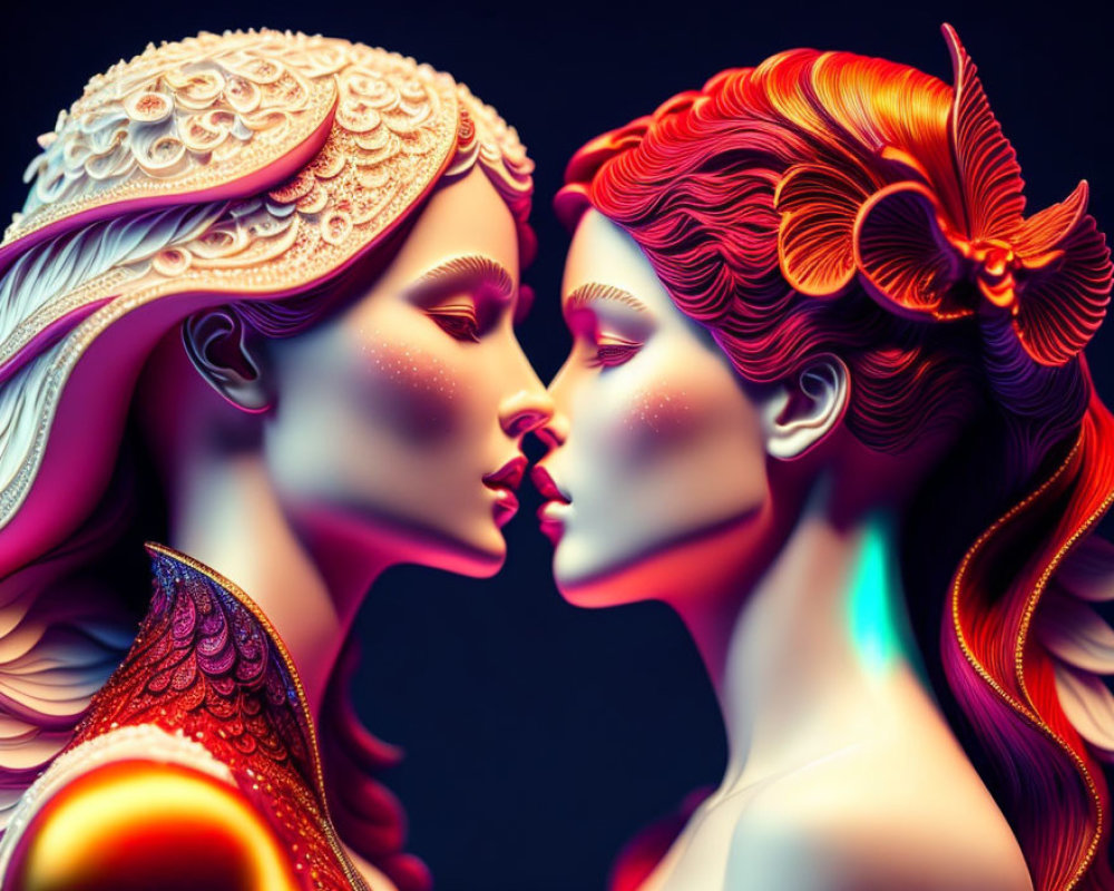 Stylized female figures with elaborate hair in intimate moment