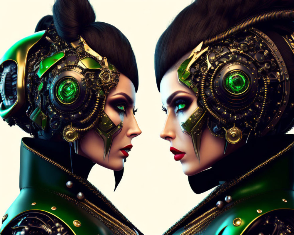 Detailed Female Cyborgs with Green Glowing Eyes Face Off