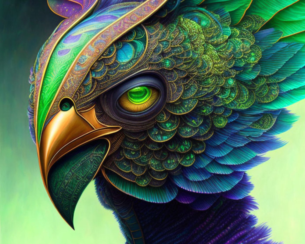 Vibrant digital artwork of stylized bird with colorful feathers.