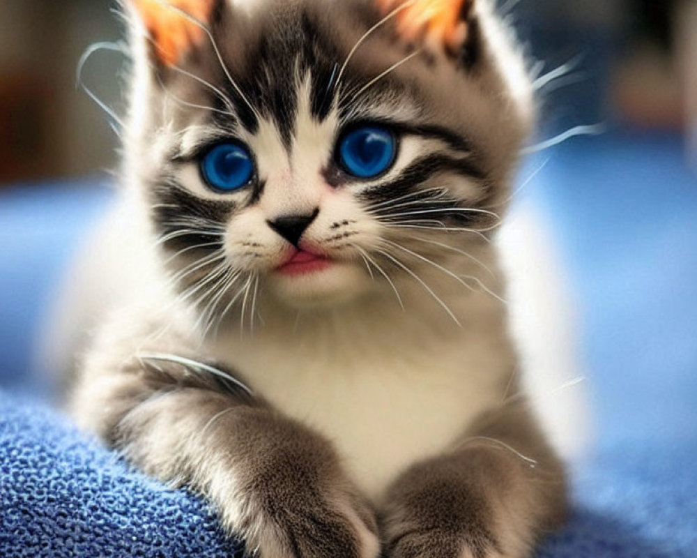 Adorable grey and white kitten with blue eyes on blue fabric