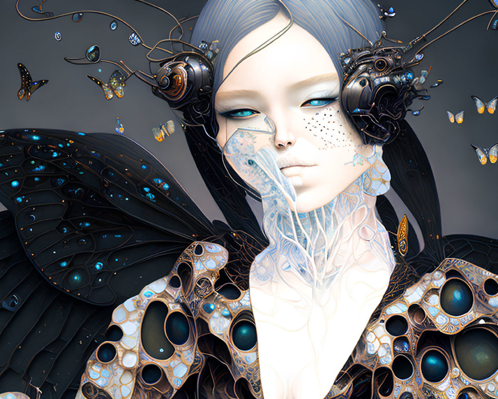 Surreal humanoid figure with butterfly wings and mechanical details