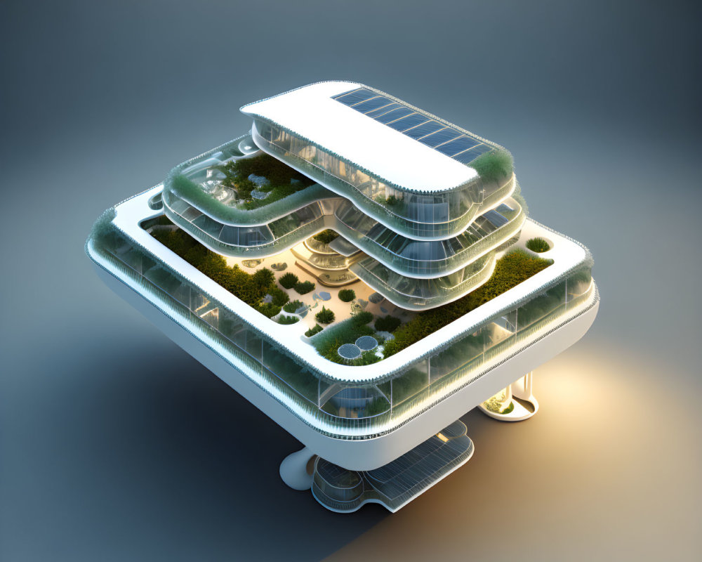 Modern multi-tiered building with organic shapes, green terraces, and solar-paneled roof showcasing eco