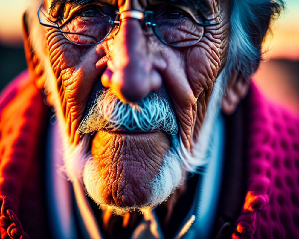 Elderly person with wrinkled skin, glasses, white beard, red garment, sunset background