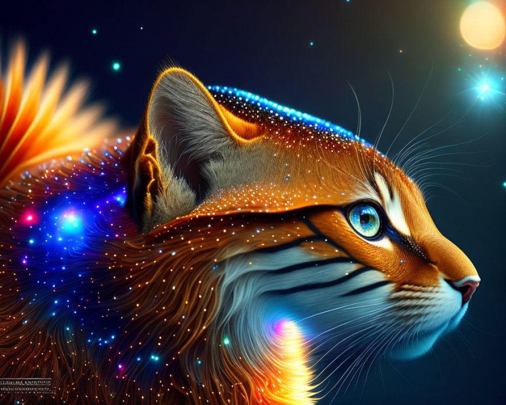 Vibrant orange cosmic feline in starry space landscape