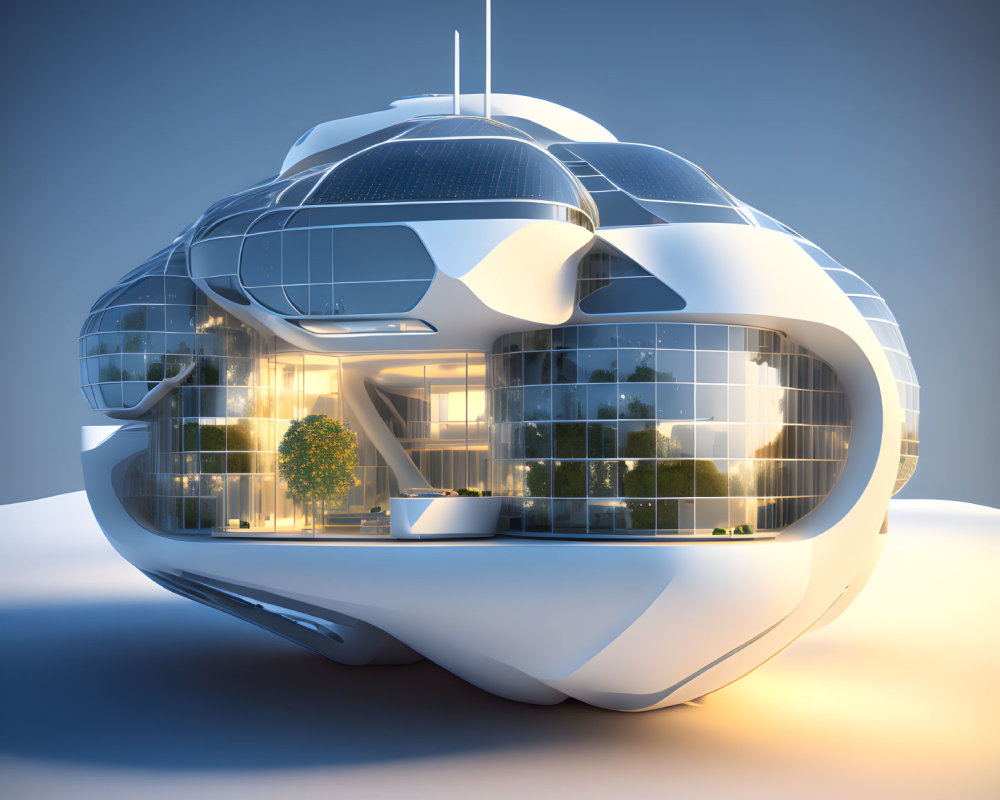 Modern spherical building with transparent walls, solar panels, and greenery under dusk sky