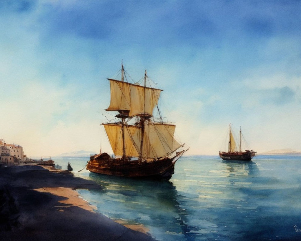 Tranquil watercolor: tall ships near coastal town, calm blue waters