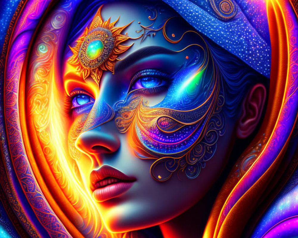 Colorful digital art of a woman with blue and gold face paint and cosmic background