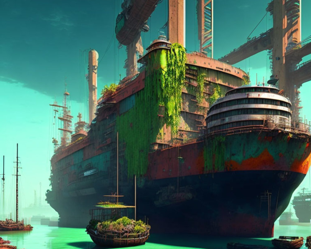 Abandoned shipyard: rusting ships in green waters