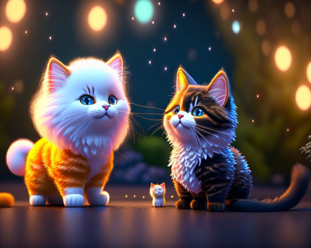 Fluffy white and striped kittens in magical, glowing scene