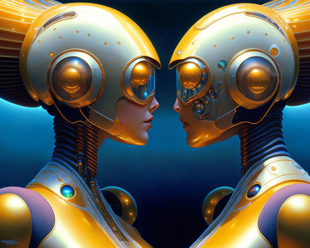 Futuristic humanoid robots touching foreheads on blue backdrop