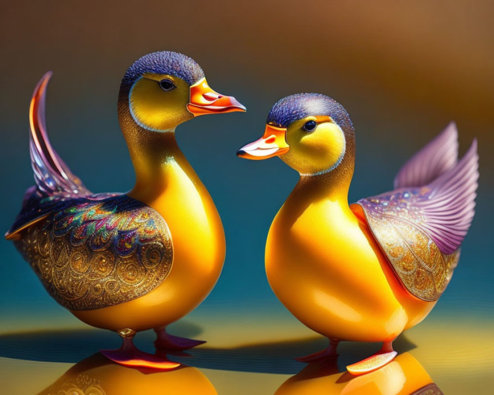 Pair of ornate duck figurines with intricate patterns and vivid colors