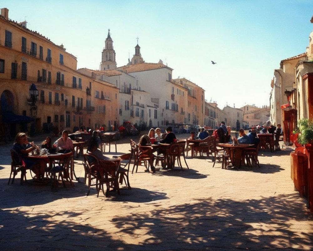 European Square Cafe Scene with People Dining and Historical Buildings