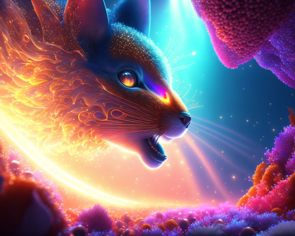 Colorful digital artwork: mystical blue squirrel in neon fantasy landscape