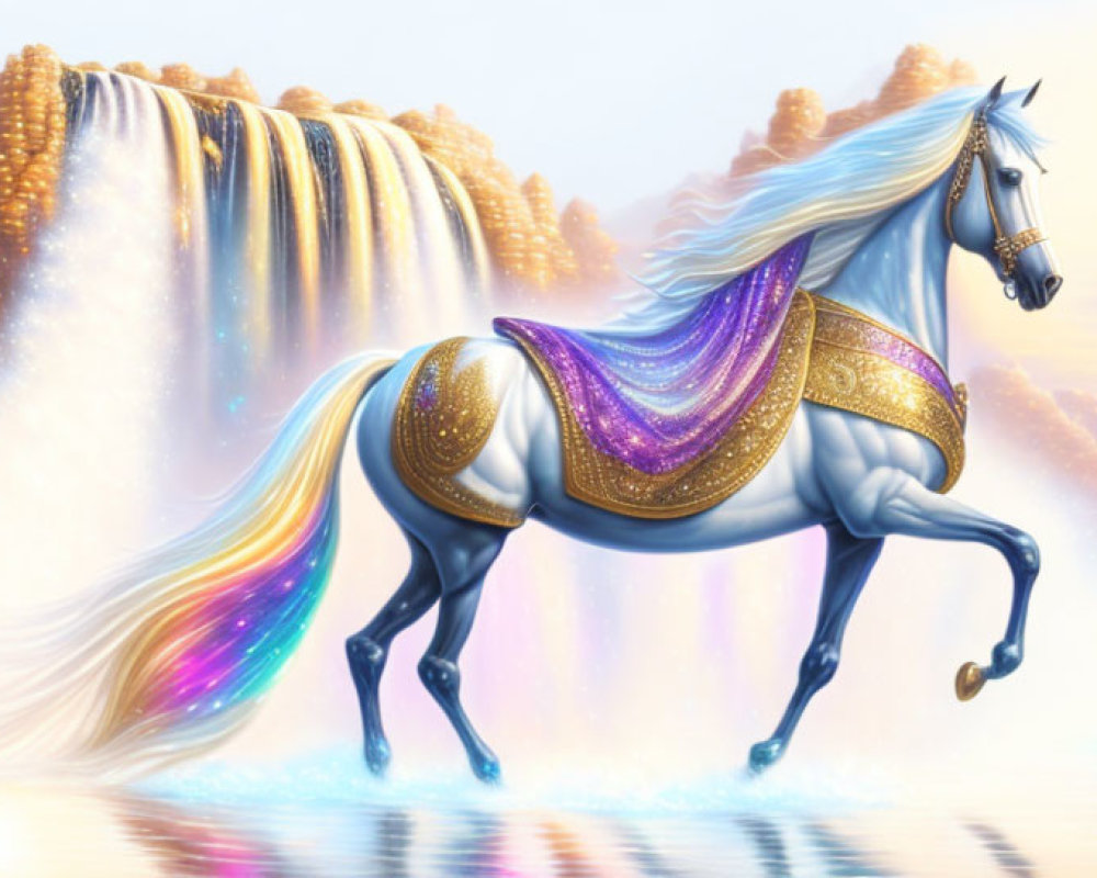 Majestic horse with shimmering mane near waterfall in fantasy landscape