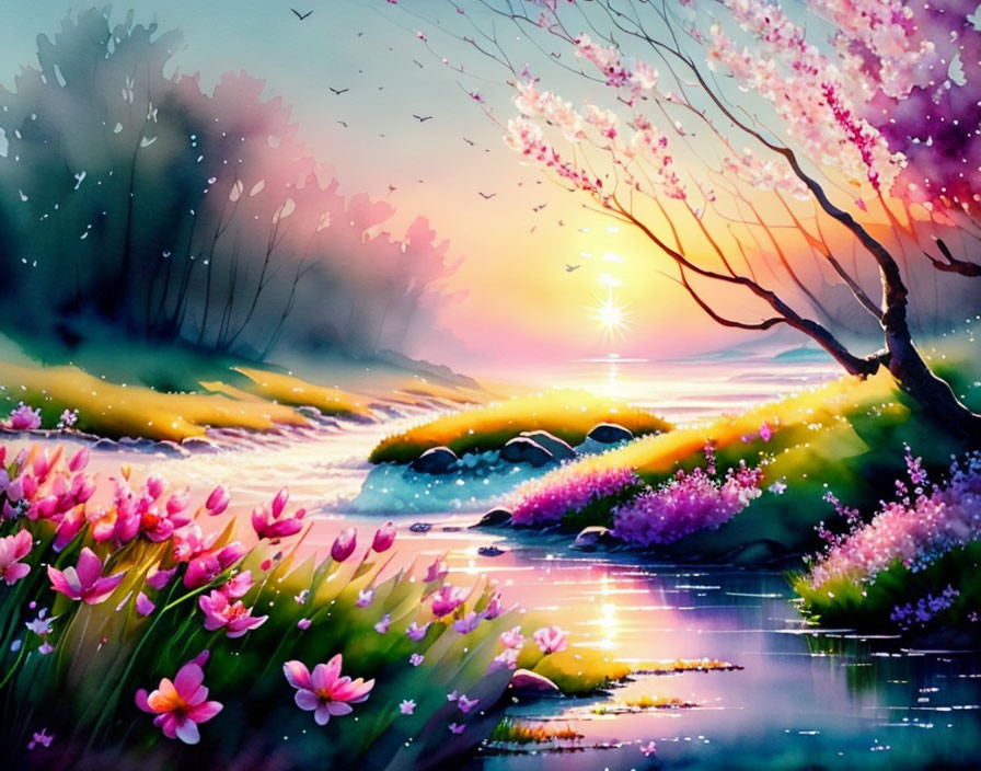 Colorful Landscape with Blooming Flowers, Serene River, Birds, and Sunrise