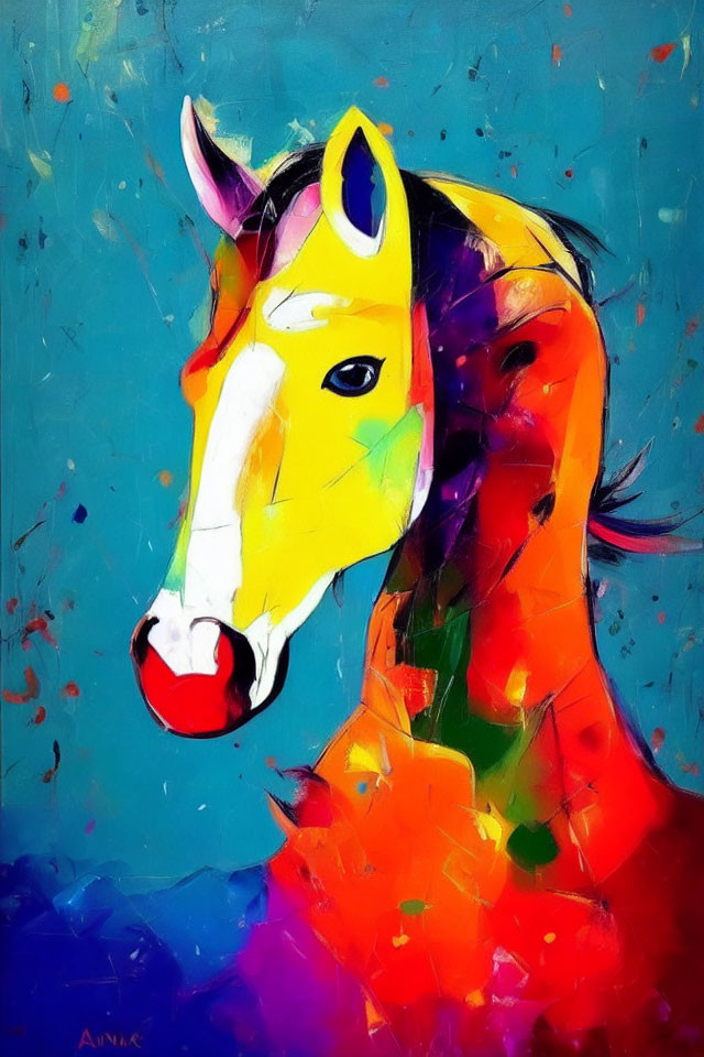 Vibrant abstract painting of a horse in blue, yellow, and red hues