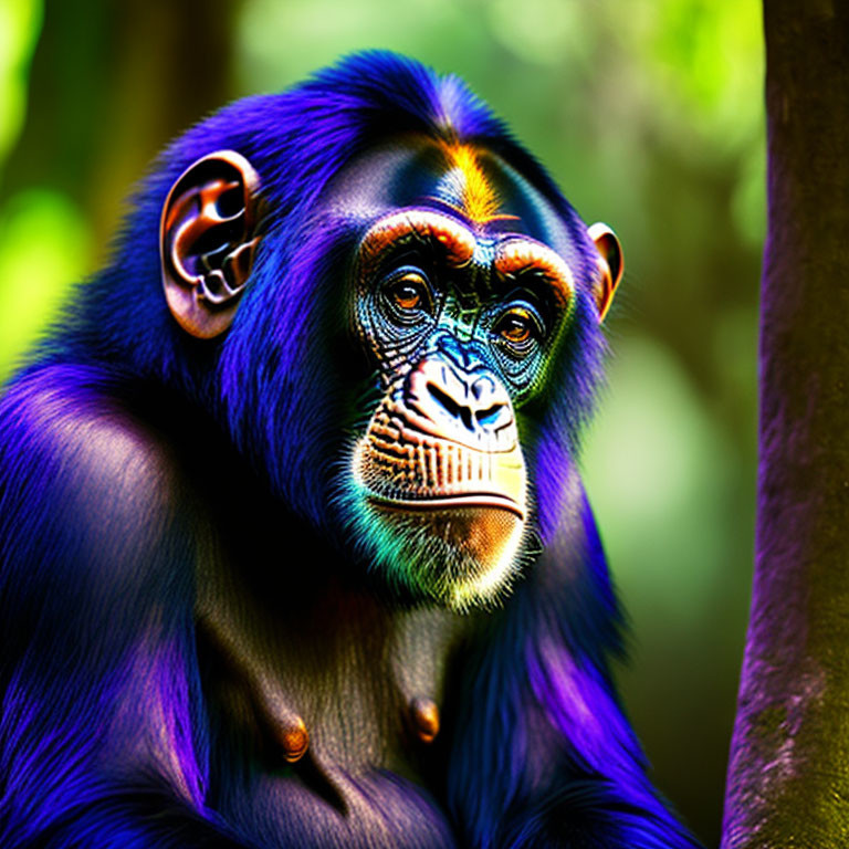 Colorful Chimpanzee Peeking from Tree in Green Forest