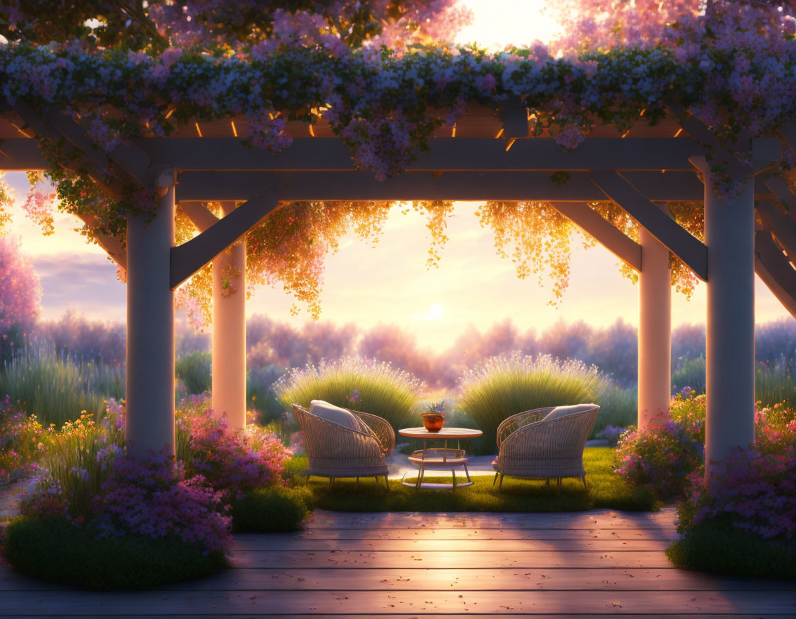 Tranquil sunset garden with chairs under flower-covered pergola