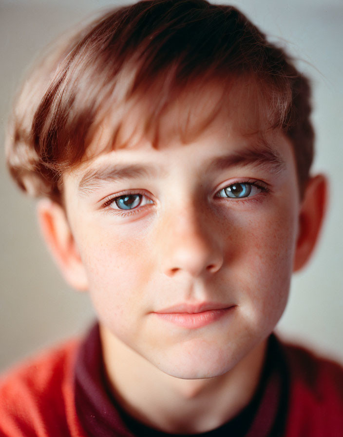 Young boy's close-up portrait with subtle smile, blue eyes, red shirt