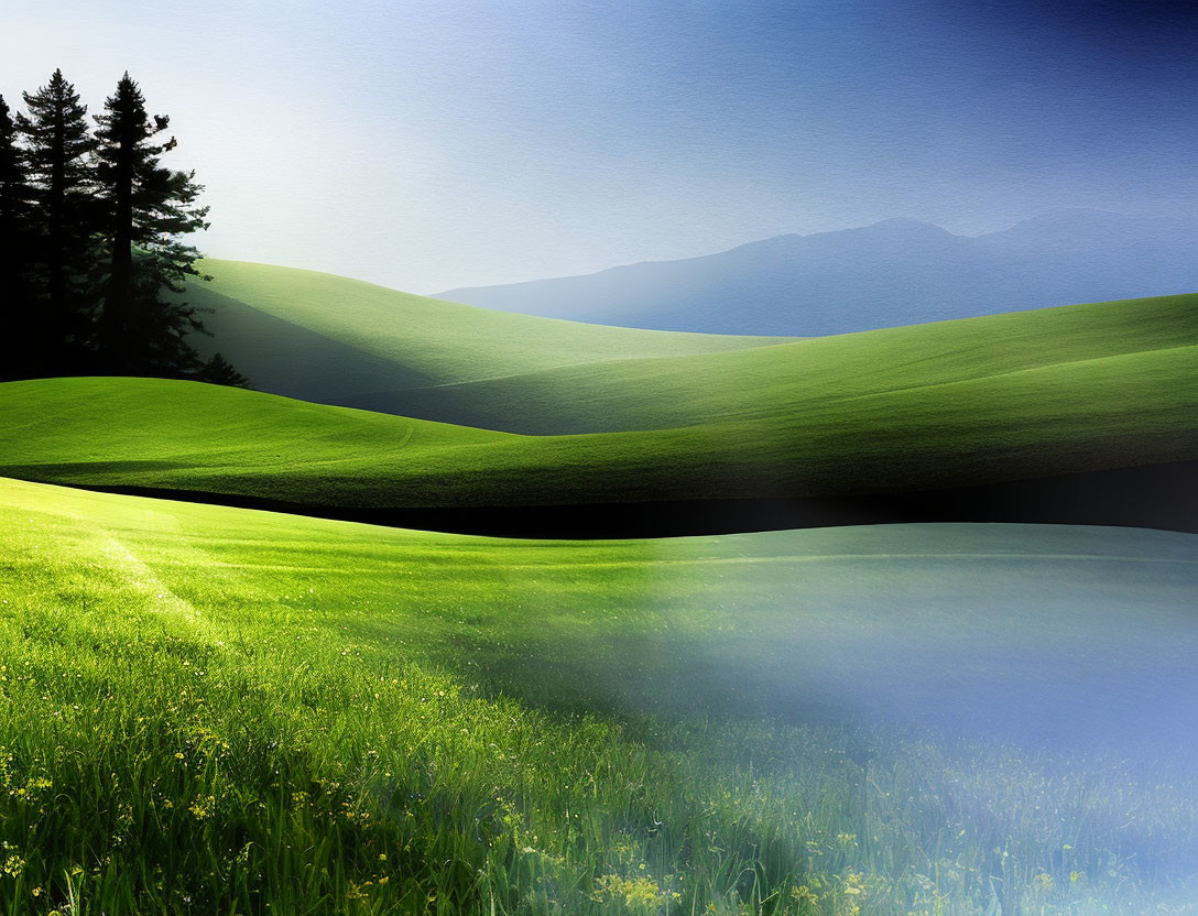 Tranquil landscape: green hills, blue lake, conifers, misty mountains, gradient sky