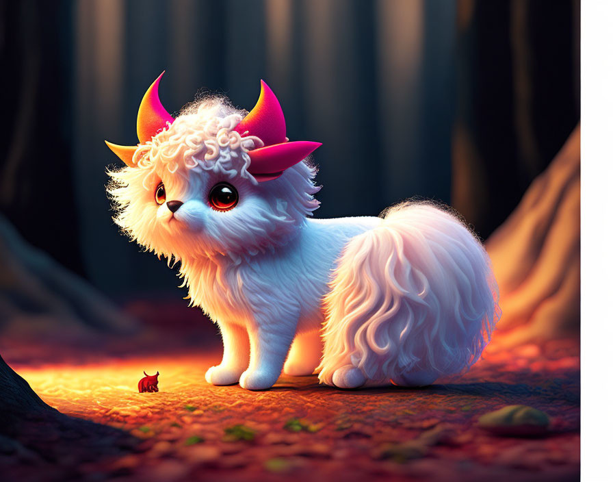 Fluffy white creature with horns and big eyes in forest scene