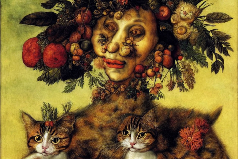 Portrait of person with fruit face and cats with foliage elements