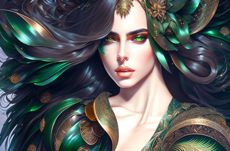 Digital artwork of a woman with dark hair in gold and emerald ornaments and green attire