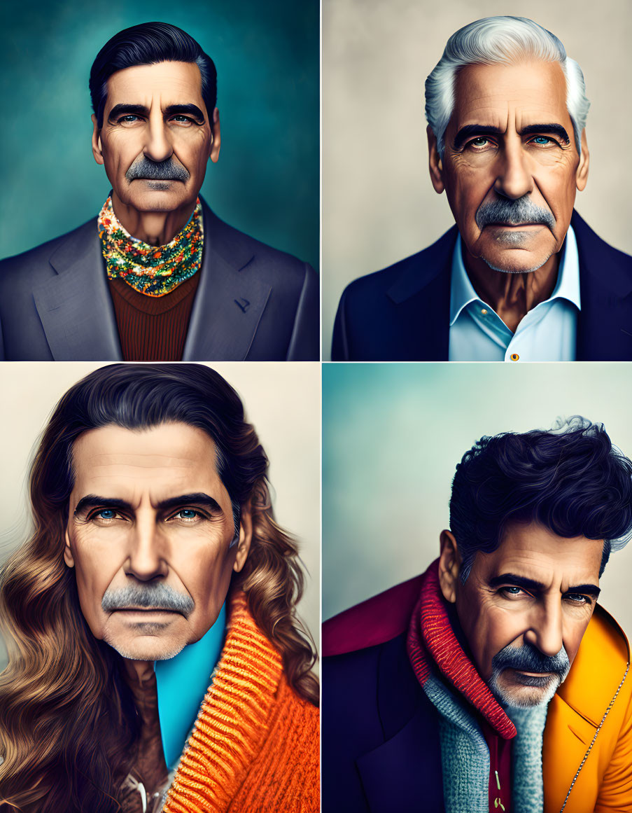 Stylized portraits of a man with varied style against teal backgrounds