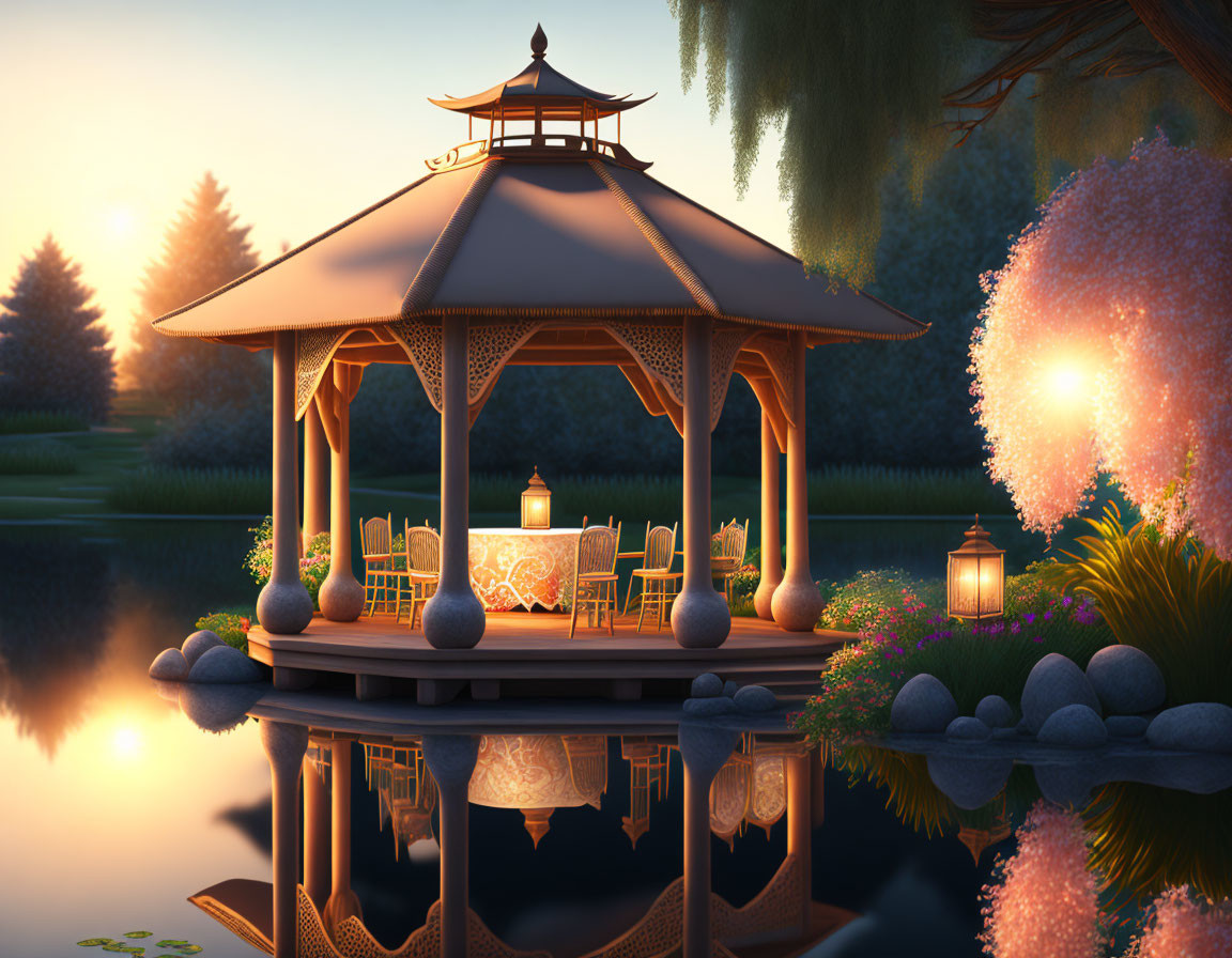 Tranquil evening scene: traditional gazebo, serene pond, lush vegetation